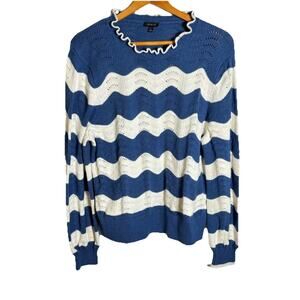 Talbots Pointelle Ruffle Mockneck Sweater Size XL Blue And White Stripe